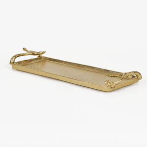 Ziah Rectangle Metal Tray With Ornate Handles, Gold