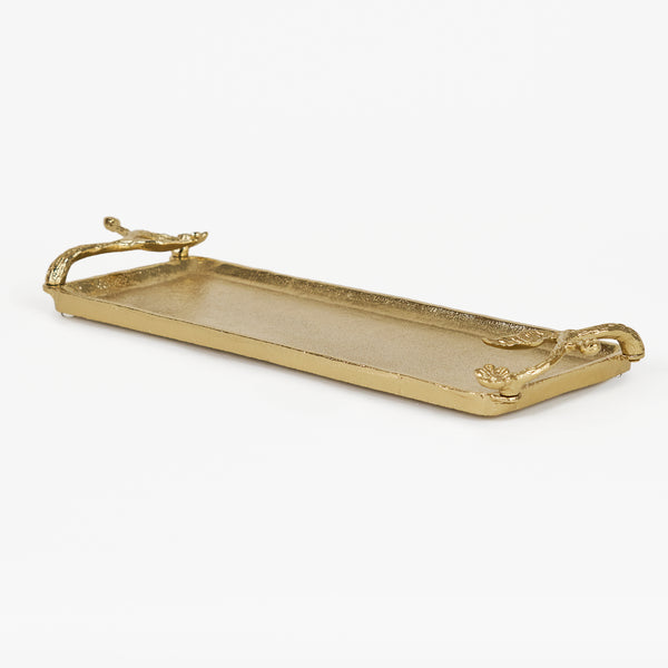 Ziah Rectangle Metal Tray With Ornate Handles, Gold