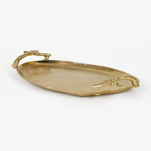 Ziah Oval Metal Tray With Ornate Handles, Gold