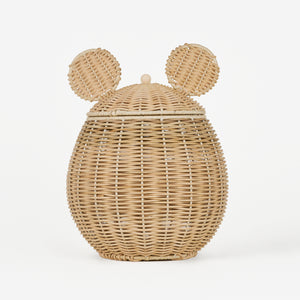 Wicker basket shaped like a bear with a lid on a white background