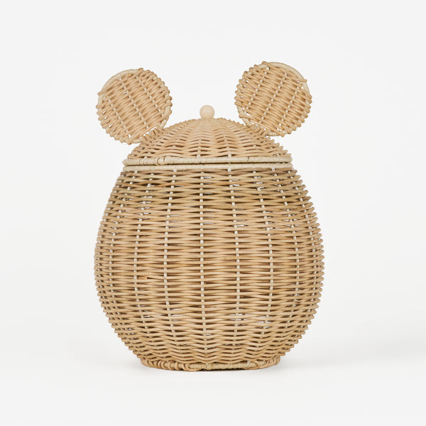 Wicker basket shaped like a bear with a lid on a white background