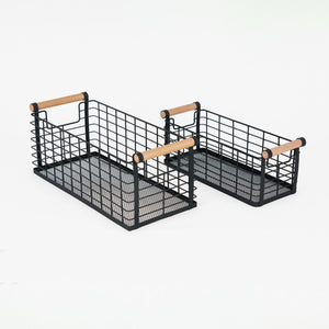 Mesh Metal Storage Basket With Wooden Handles, Set Of 2 - Black