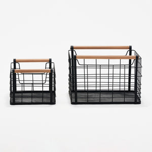 Mesh Storage Basket With Wooden Handles, Set Of 2 - Black