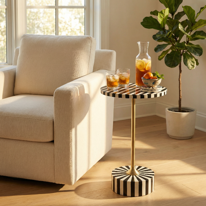 Living room with a beige armchair, small black and white checkered drink table, and decorative items.