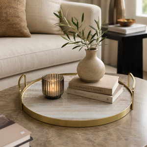 Fia Marble Tray With Metal Handles - Gold
