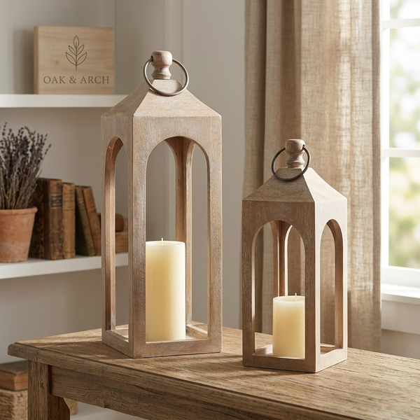 Two wooden lanterns with candles inside on a wooden table, with 'Oak & Arch' branding in the background.