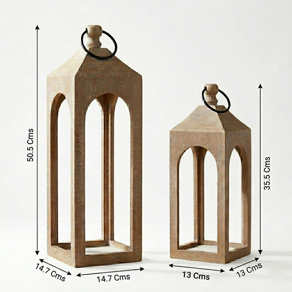 Two wooden lanterns with dimensions indicated on a white background
