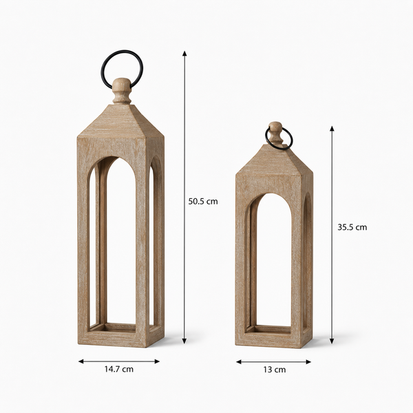 Two wooden lanterns with dimensions indicated on a white background