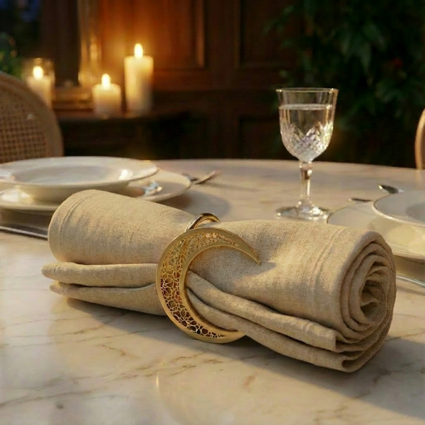 Noor 3 pc Star, Moon & Lantern Metal Napkin Ring Set - Gold