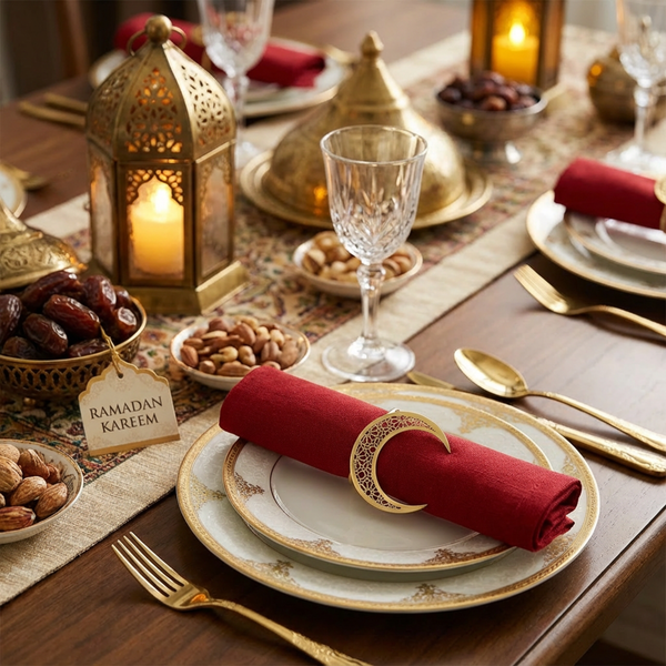 Noor 3 pc Star, Moon & Lantern Metal Napkin Ring Set - Gold
