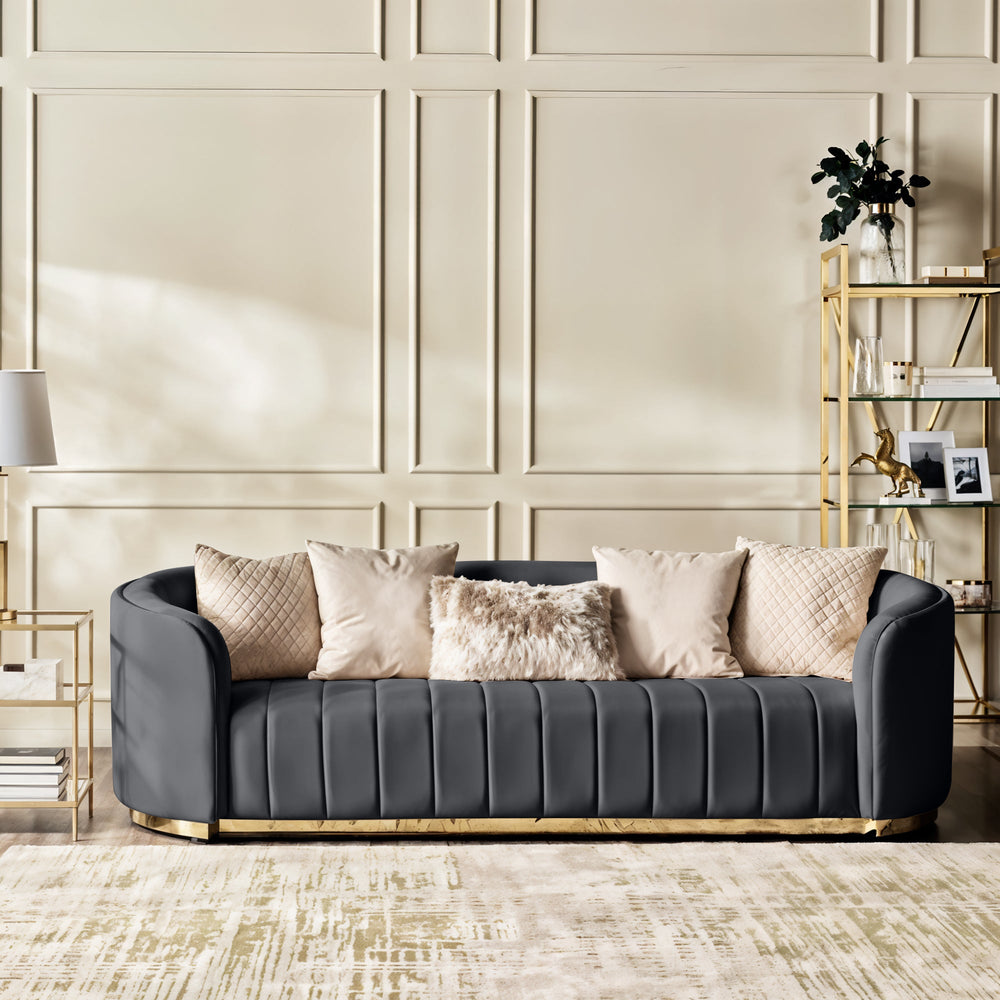 Fiona 3 Seater Velvet  Sofa -Grey - L247cm x W94cm x H81cm - Cotton Home