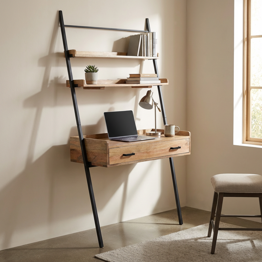 Home office with wooden desk, ladder shelf, and chair near a window.