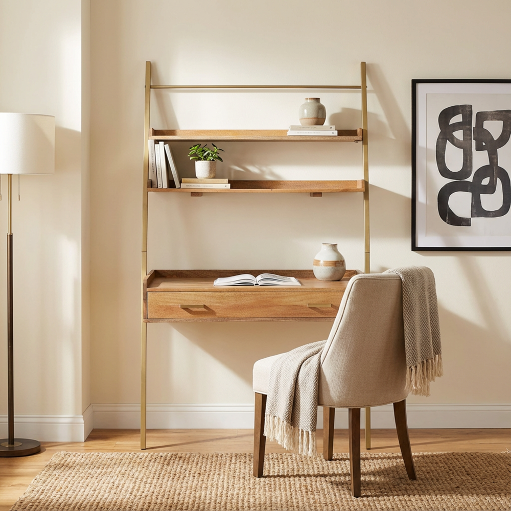 Wooden desk with chair in a home office setting with shelves and window.
