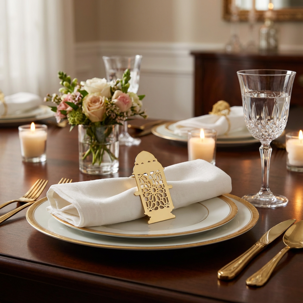 Noor 3 pc Star, Moon & Lantern Metal Napkin Ring Set - Gold