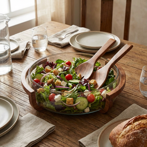 Vetro Glass Serving Bowl With Wooden Stand and Spoons