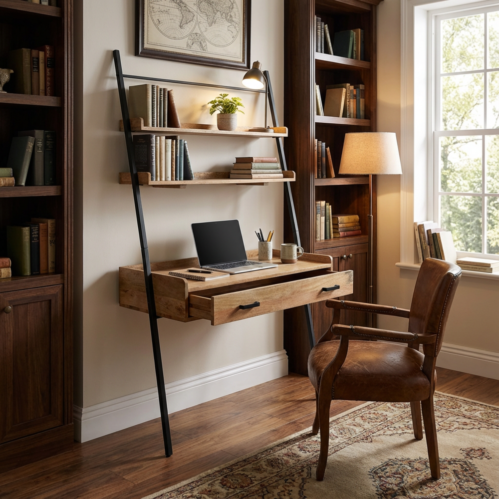 Home office with wooden desk, ladder shelf, and chair near a window.
