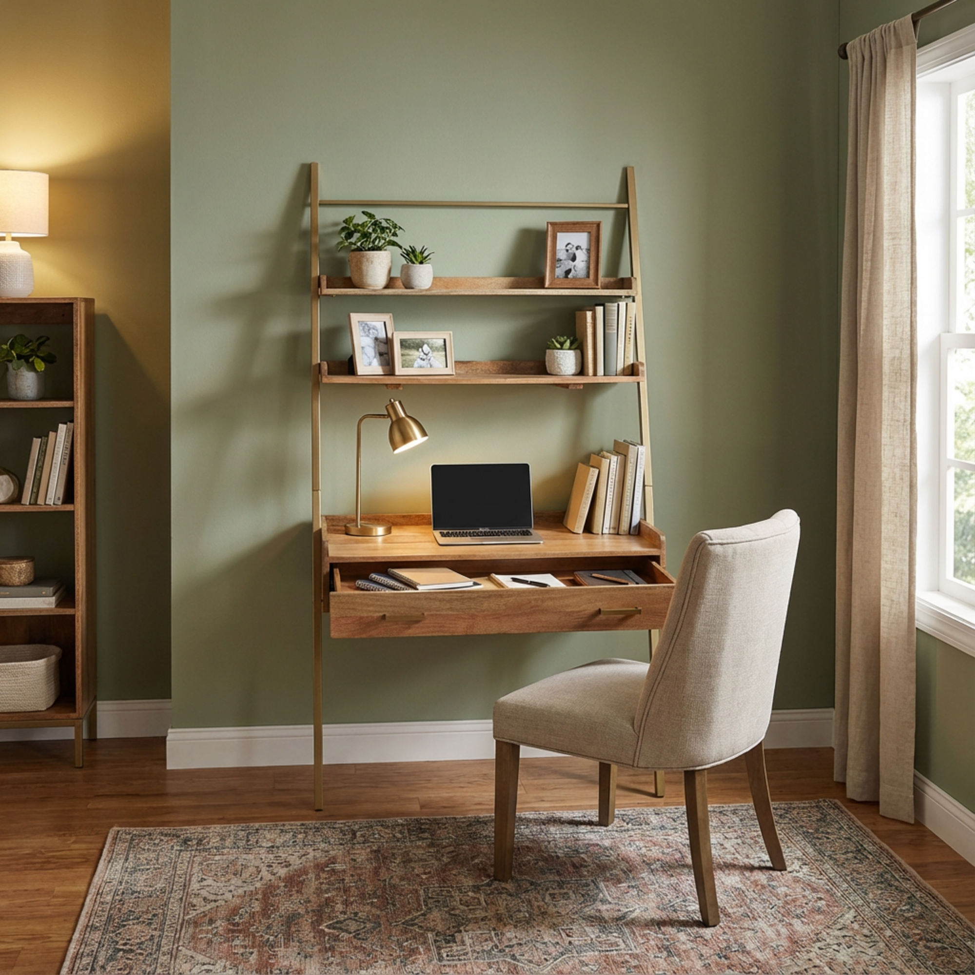 Wooden desk with chair in a home office setting with shelves and window.