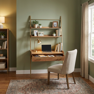 Wooden desk with chair in a home office setting with shelves and window.