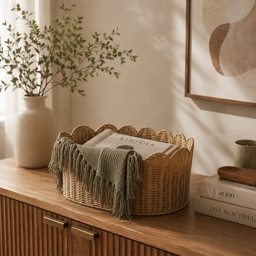 Frill Oval Rattan Storage Basket, Large - Natural