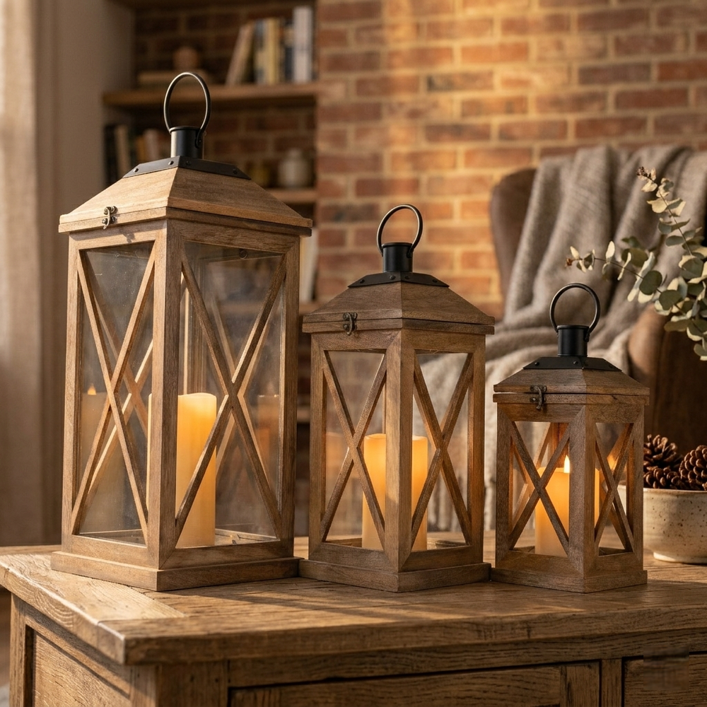 Eon Wooden Lanterns, Set of 3 - Natural