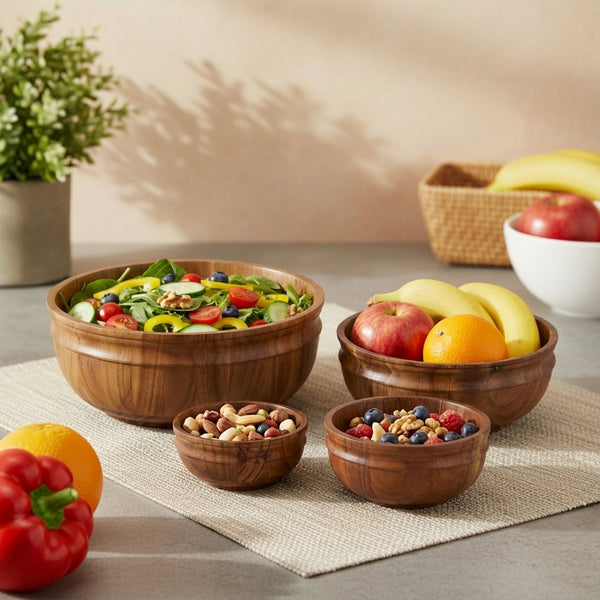 Swirl Wooden Serving Bowl, Set Of 4 - Natural