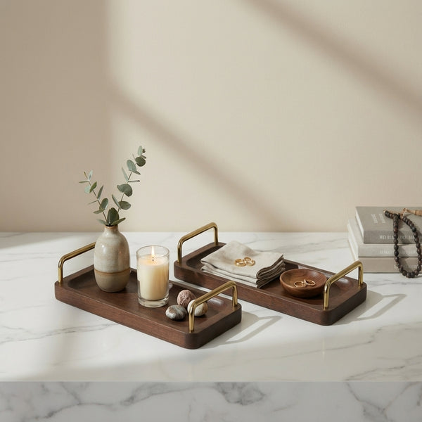Coco Wooden Tray With Brass Handles, Set Of 2 - Brown