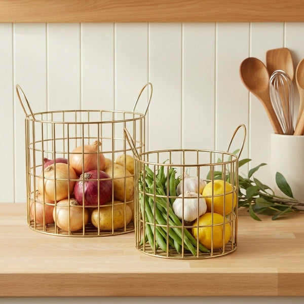 Lexa Round Metal Storage Baskets, Set of 2 - Gold