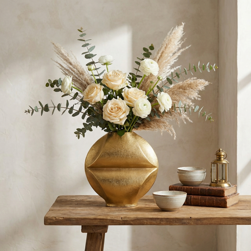 Gold vase with flowers on a wooden table against a neutral wall
