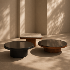 Three modern low tables arranged in a minimalist beige room with warm sunlight and leaf shadows. Two round tables have dark glossy tops and thick wooden bases, and one rectangular table has a light stone top and wooden legs.