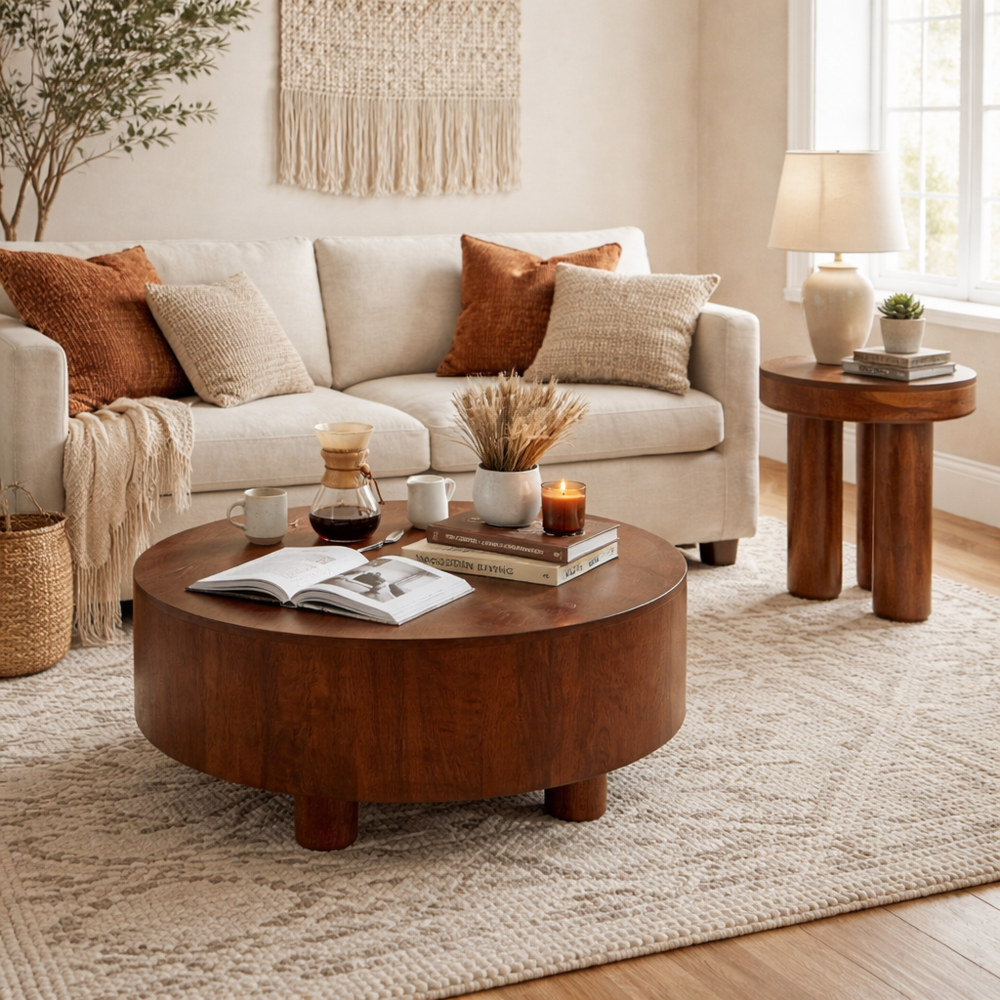 Cozy living room with a round wooden coffee table, beige sofa, and decorative items.