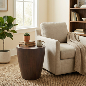 Beige armchair with a wooden side table and books in a cozy living room.