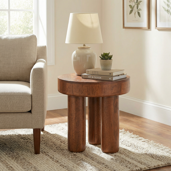 Wooden side table with lamp and books in a living room setting