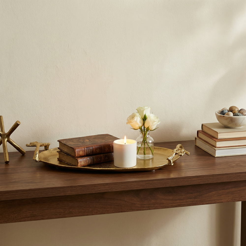 Ziah Oval Metal Tray With Ornate Handles, Gold