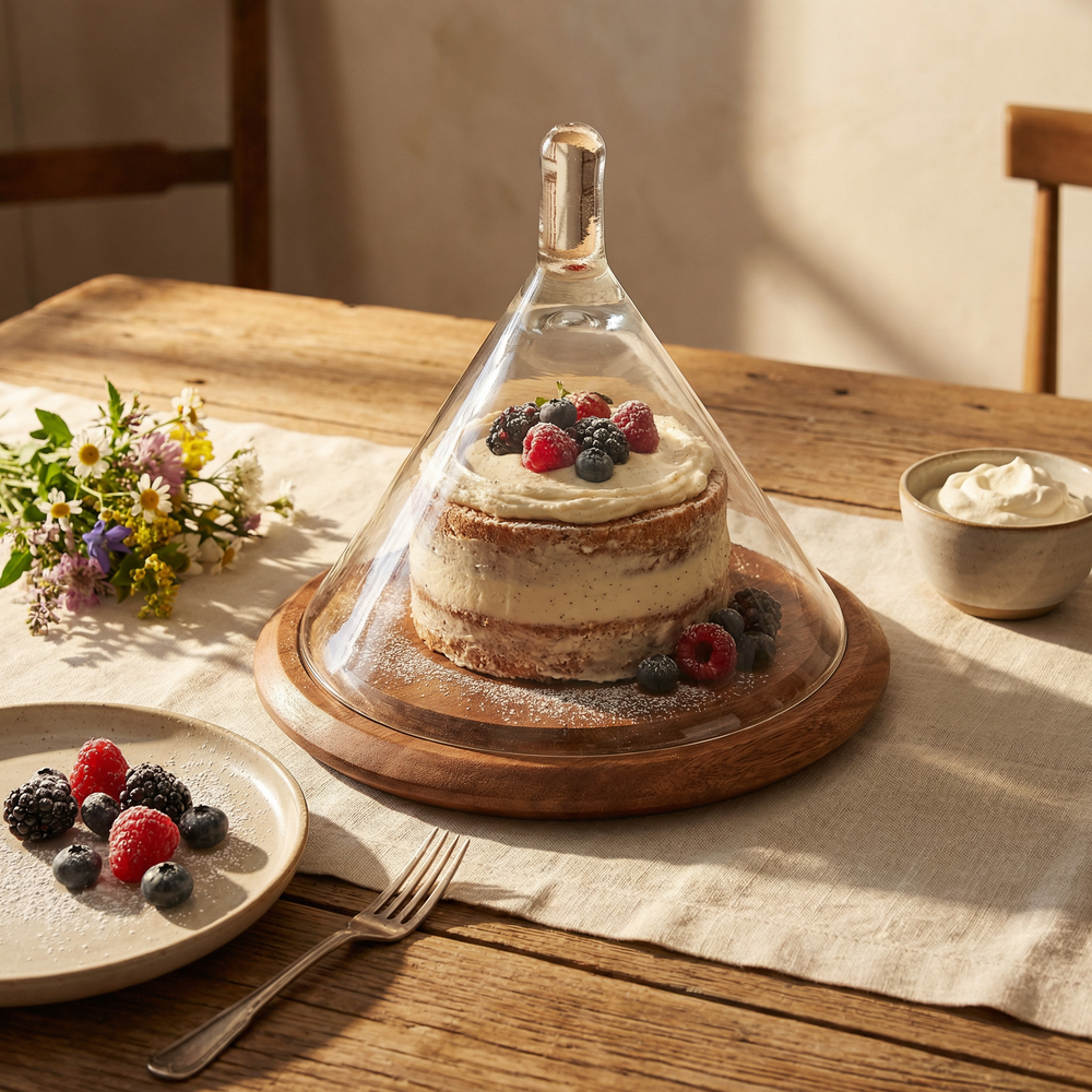 Dome Serving Platter With Glass Cover, Small - Natural