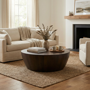 Living room with beige sofa, wooden coffee table, and fireplace.