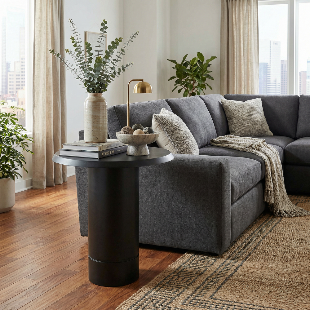 Eden Pedestal Round Side Table, Tall - Black