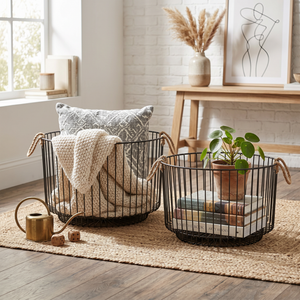 Nexo Metal Storage Basket With Rope Handles, Set Of 2 - Black