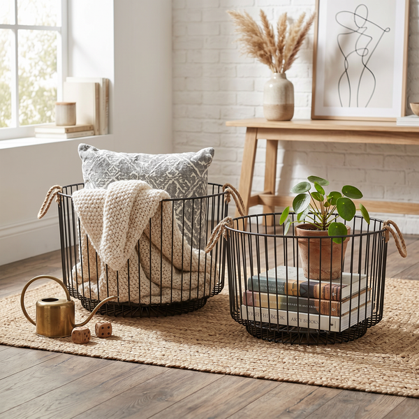 Nexo Metal Storage Basket With Rope Handles, Set Of 2 - Black
