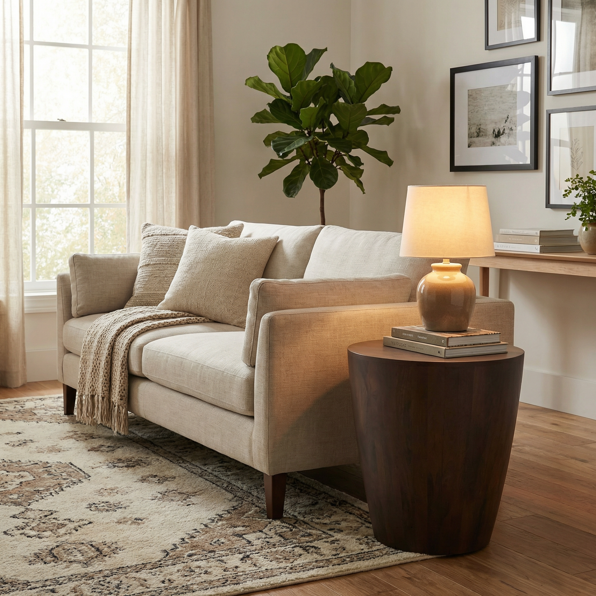Living room with beige sofa, wooden side table, and lamp.