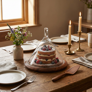 Dome Serving Platter With Glass Cover, Small - Natural