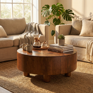 Round wooden coffee table with mugs, a coffee maker, and books in a living room with beige sofas and a plant.