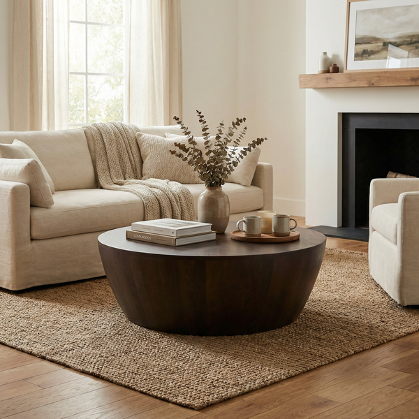 Living room with beige sofa, wooden coffee table, and fireplace.