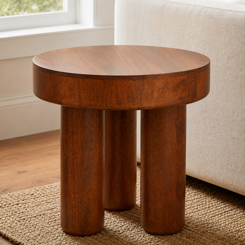 Wooden side table with lamp and books in a living room setting