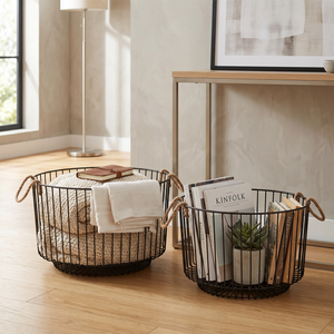 Nexo Metal Storage Basket With Rope Handles, Set Of 2 - Black