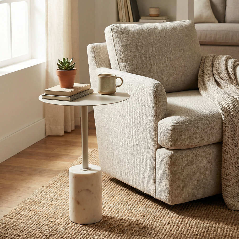 Terry Side Table With Marble Base - White