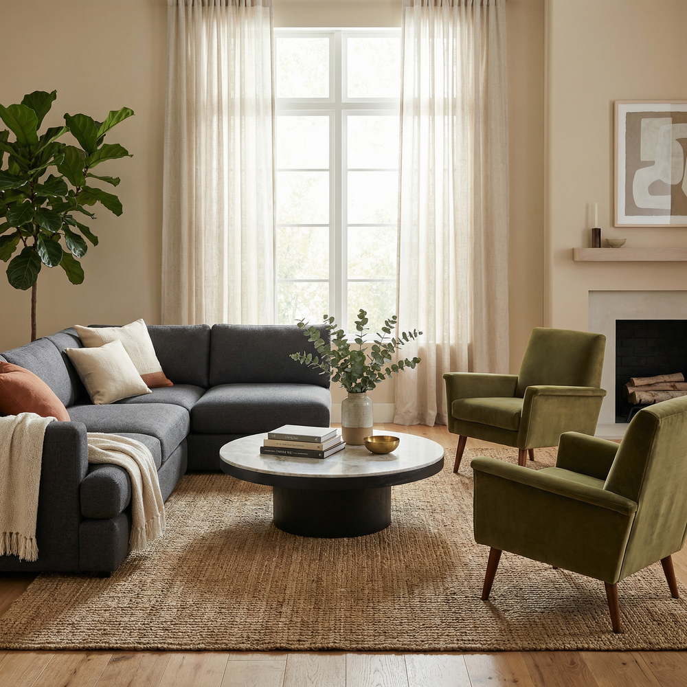 Living room with gray sectional sofa, green armchairs, and a round coffee table.