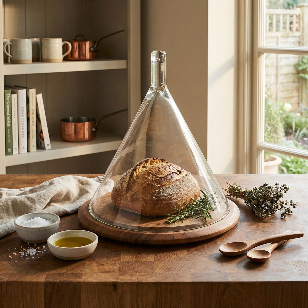 Dome Wooden Platter With Glass Cover, Large - Natural