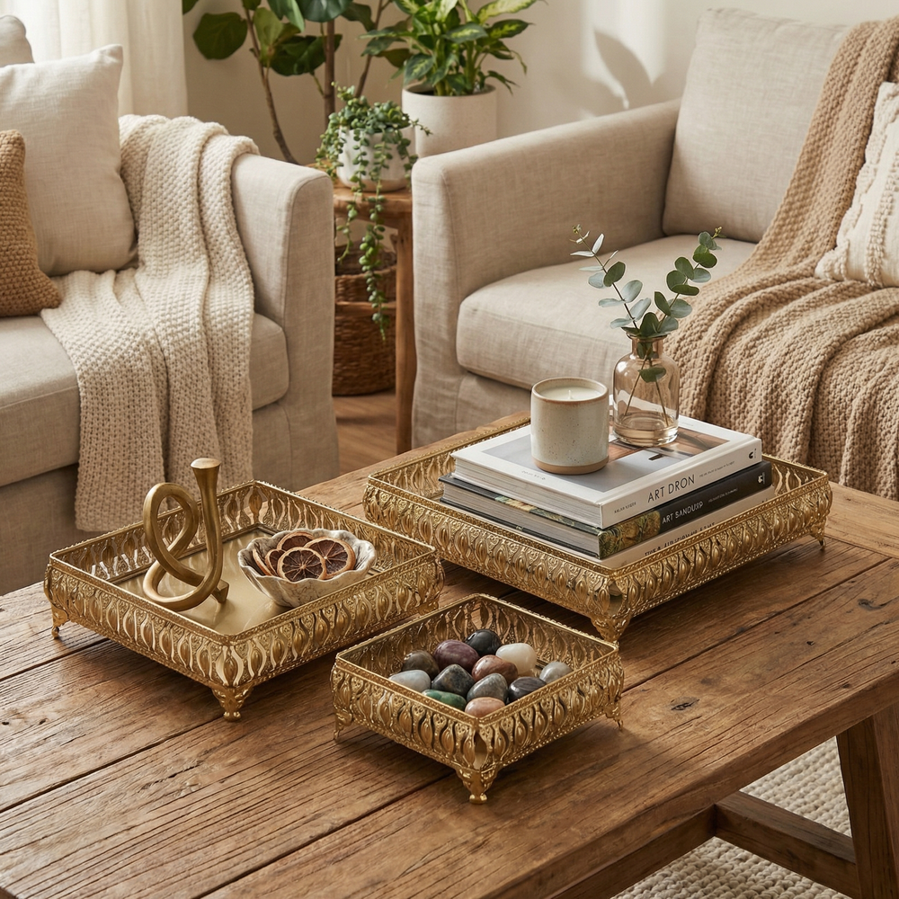 Saba Metal Nesting Trays, Set of 3 - Gold