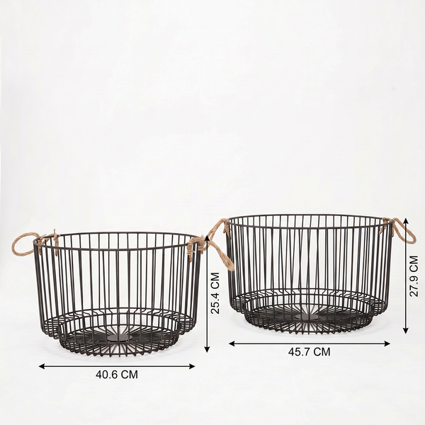 Nexo Metal Storage Basket With Rope Handles, Set Of 2 - Black