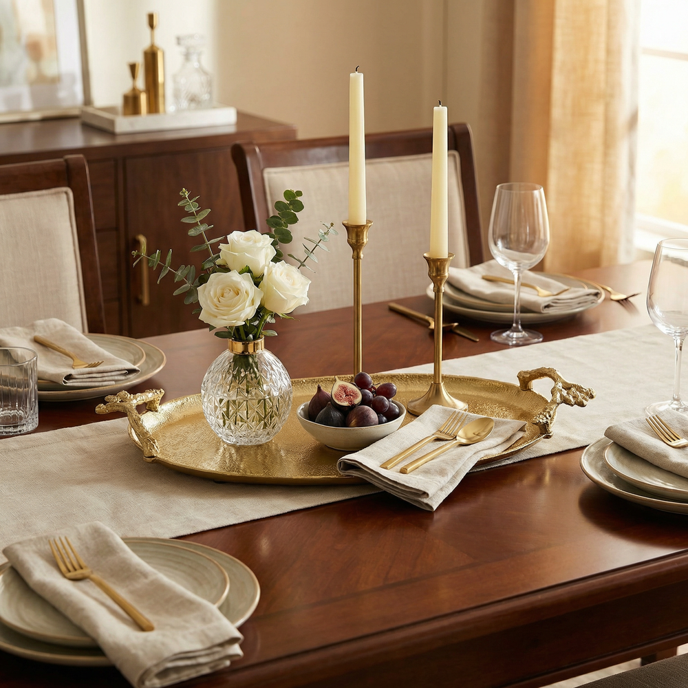 Decorative gold trays with decorative items on a marble surface